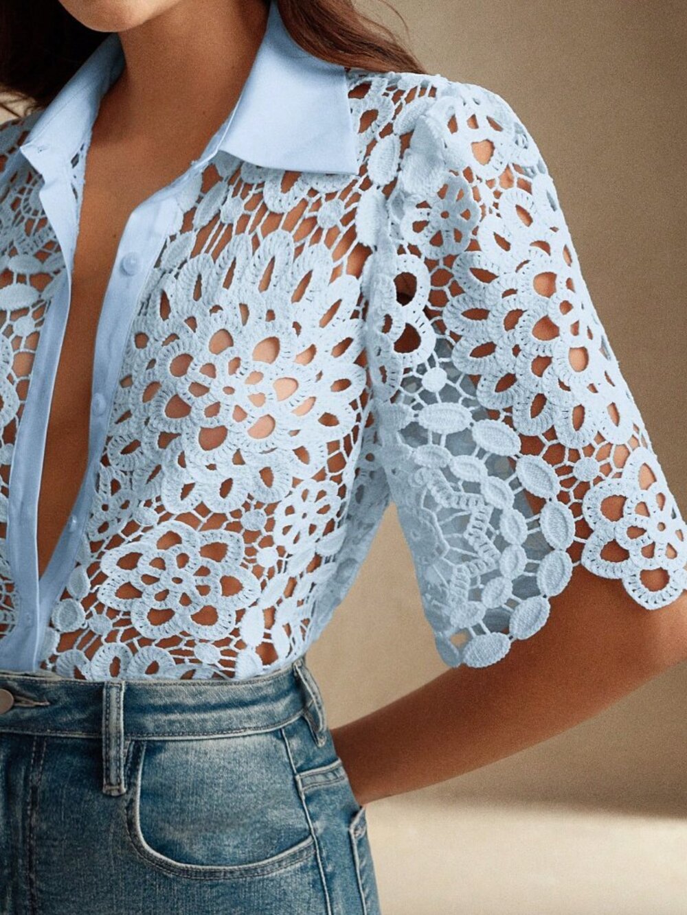 Blue Casual Women's Elegant Floral Hollow-Out Lace Blouse - Picture 3 of 6